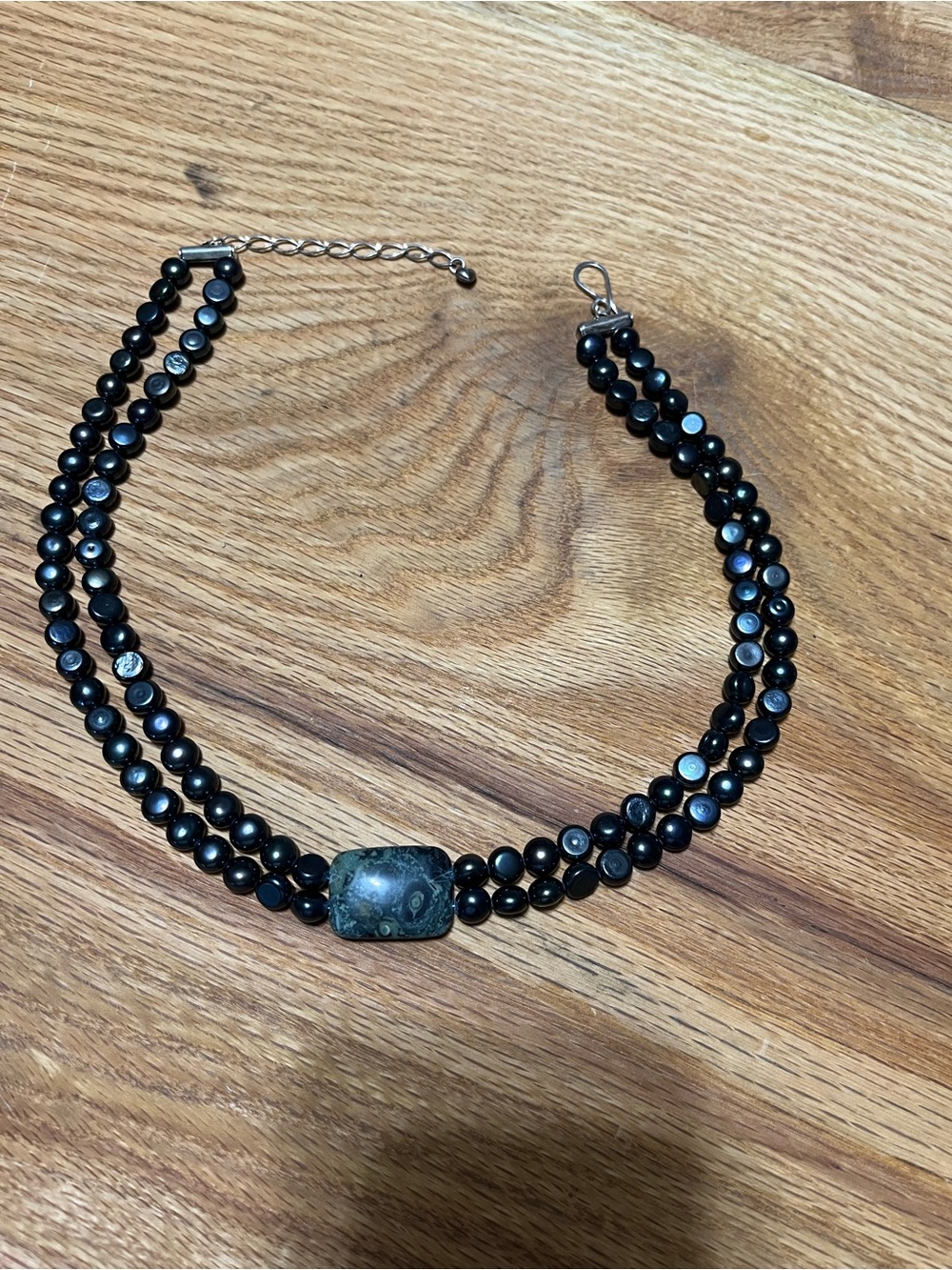 Elegant Black Double-Strand Coin Pearl Necklace with Kambaba Jasper Solitaire